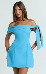 Cecilia Mini Dress - Off Shoulder Tie Detail Dress in Blue