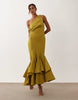 fallen shoulder midaxi dress with asymmetric godet hem in olive