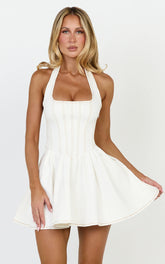 Hayes Mini Dress - Halter Neck Corset Bodice Dress in Cream Contrast Stitch