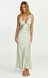 Khalani Maxi Dress - Deep V Neck Satin Slip Dress in Light Olive