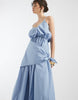 poplin puff sleeve midi dress with cinched scarf waist detail in steel blue