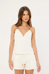Perfect Stranger Juni Linen Halter Bead Top White
