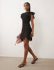crochet flutter sleeve mini dress in black scuba-style fabric