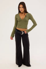 Motel Emesy Long Sleeve V Neck Top Khaki