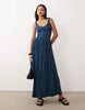 crinkle button through midi dress in denim blue