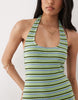 ribbed halter scoop neck mini dress in green and blue stripes