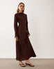 satin long sleeve maxi dress in chocolate