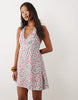 Nobody's Child Petite Lynette deep v halter neck mini dress in blue floral