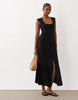square neck button down midi sundress in black