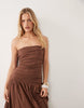 ruched bandeau with dropped waist maxi dress in chocolate