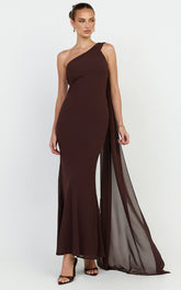 Carmilla Maxi Dress - One Shoulder Scarf Dress in Chocolate