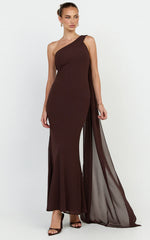 Carmilla Maxi Dress - One Shoulder Scarf Dress in Chocolate