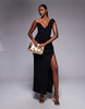 crepe one shoulder gathered midi dress with split in black in scuba-style fabric
