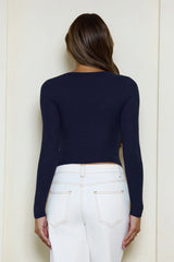 BASE Luxe Rib V Neck Button Long Sleeve Top Navy