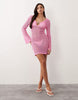 South Beach long sleeve crochet mini dress in pink