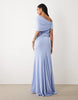 off shoulder wrap bodice detail maxi dress with train in blue