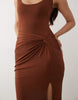 TFNC slinky scoop neck knot detail slit midaxi dress in chocolate