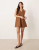 cotton linen v neck smock midi dress in warm chocolate