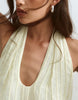 ARRANGE scoop neck organza halter trapeze maxi dress with linear embroidery in soft yellow