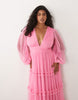 Lace & Beads Plus tulle plunge neck ruffle trim tiered maxi dress in pink