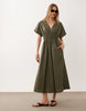 Mango v neck cinched waist midi dress in khaki