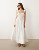 ruched bodice maxi sundress with full skirt and multi stitched hem in white