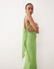 Tall bias cut plunge neck cami dress with full godets and scarf detail in green