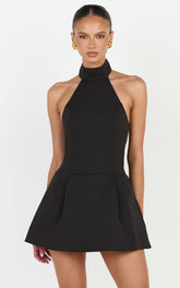 Helia Mini Dress - High Halter Neck Scarf Detail A Line Dress in Black