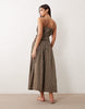 shirred cotton poplin maxi sundress with dropped waist in khaki and pink stripe