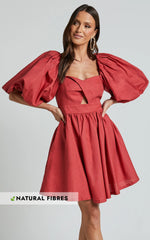 Amalie The Label - Penelopia Linen Look Blend Puff Sleeve Twist Bodice Mini Dress - In Vermilion