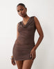The Frolic exclusive sheer mesh cowl neck open back beach mini dress in brown polka dot