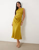 satin high neck drape skirt maxi dress in golden olive