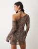 Good American print mesh asymmetric long sleeve mini dress in leopard