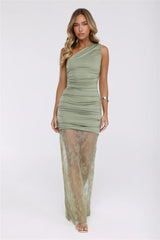 Headliner Muse One Shoulder Lace Maxi Dress Green