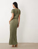 plisse draped waist midi dress in khaki