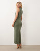 sleeveless ruched midi dress with trim detail in khaki