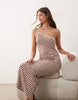crochet jersey one shoulder maxi dress in brown and white plaid