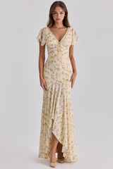 lemon floral print georgette maxi tea dress