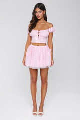 Candlelit Lovers Off Shoulder Gingham Crop Top Blush