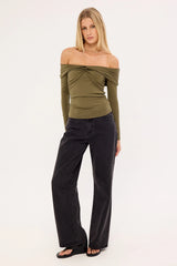 Perfect Stranger Akira Long Sleeve Twist Top Khaki Green
