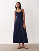 structured cotton sateen tie bust dropped waist midaxi sundress in navy