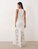 racer neck embroidered detailing crochet hem maxi dress in white