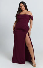 Marcel Maxi Dress - Off Shoulder Corset High Split Dress in Wine