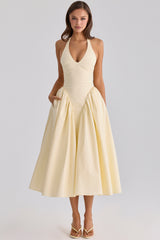 lemon cotton halter neck midi sundress