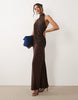 plisse contrast draped halter neck maxi dress in rum raisin