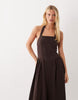 Mango square neck halter detail sleeveless midaxi dress with cinched waist in brown