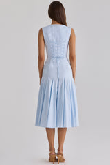 blue pleated lace up cotton midi dress