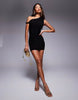 Kaiia exclusive double layered slinky twist off shoulder bodycon mini dress in black