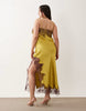 Curve satin lace applique midi dress in bright olive green