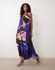 trapeze scoop neck full hem maxi dress with bead detail back in blue abstract print